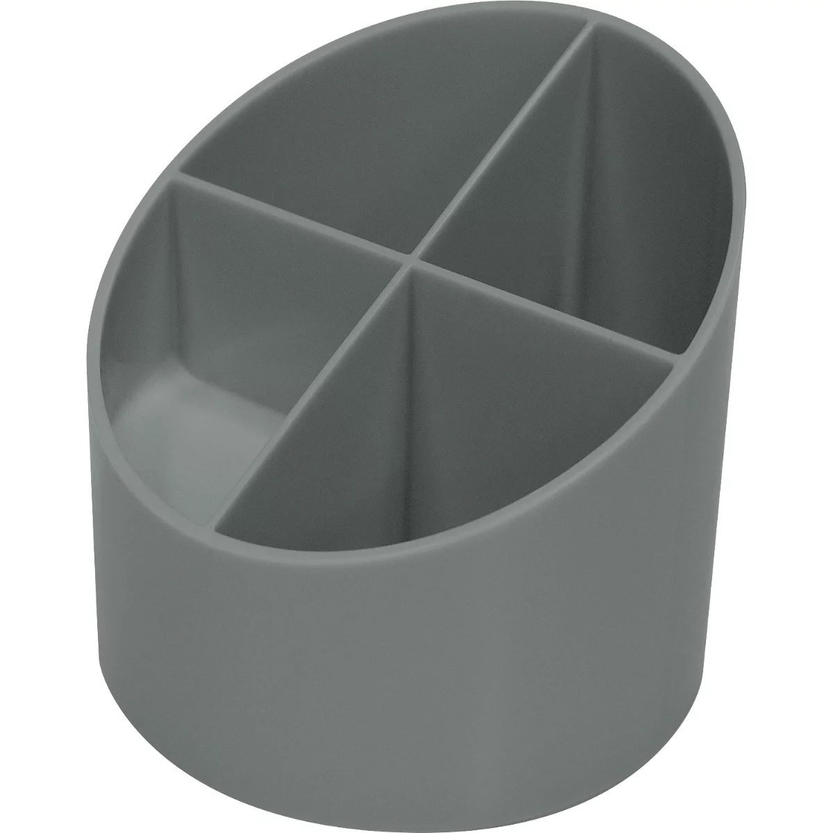 Gray pen holder with four compartments. It is oval and the front is beveled.