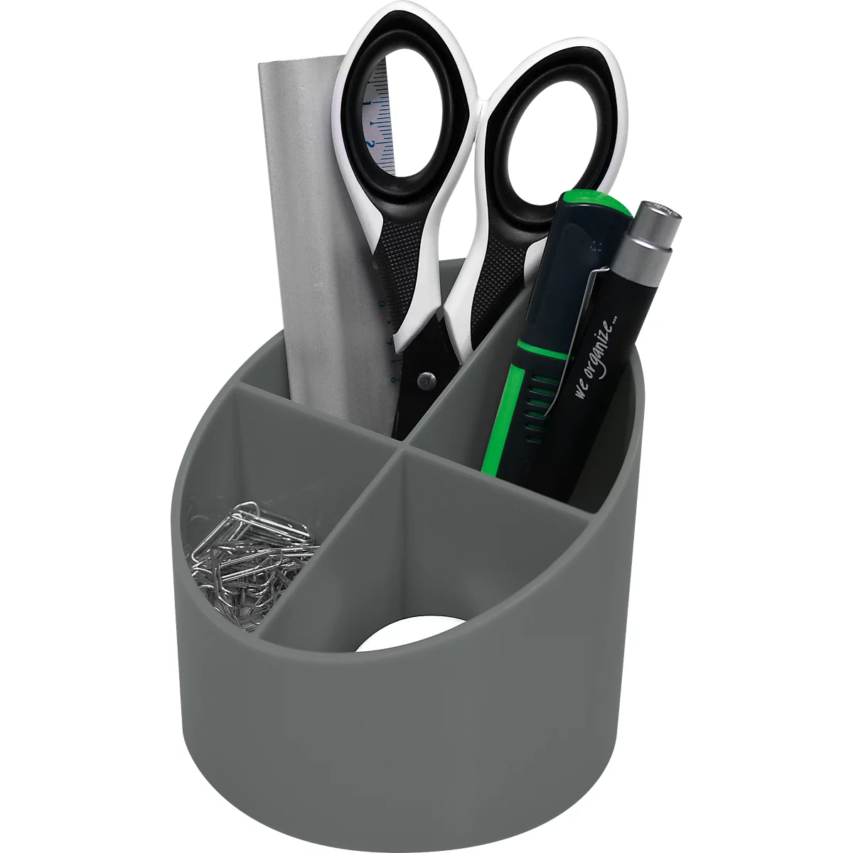 Gray desk organizer holding scissors, pens, paper clips, and ruler, divided into sections.