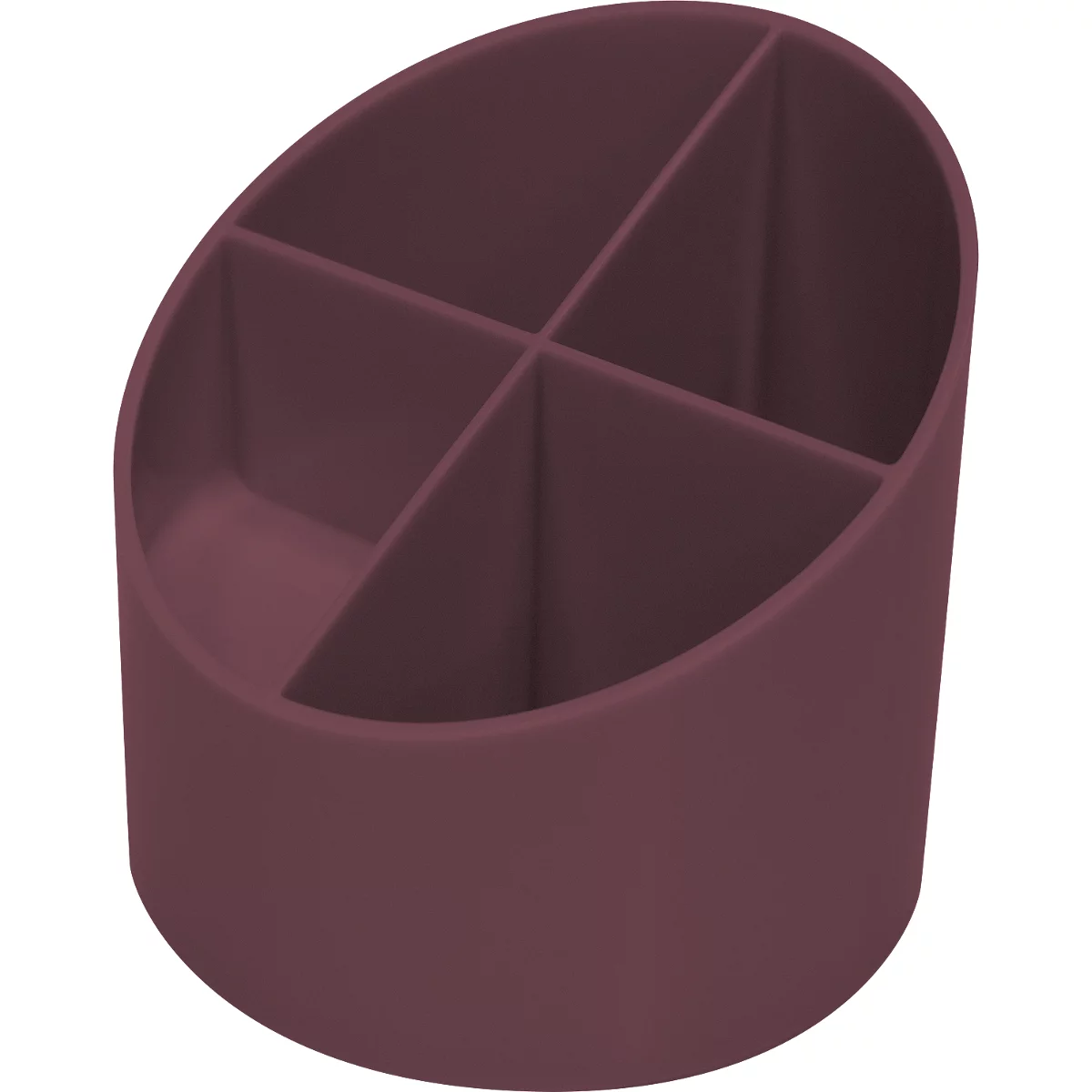 Burgundy pen holder with four compartments.