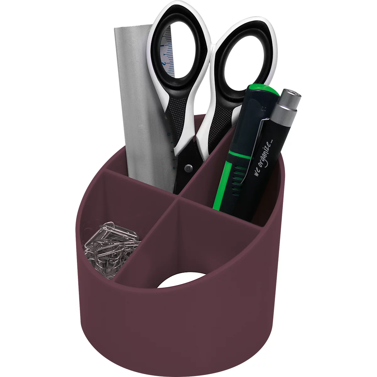 A burgundy desk organizer holding scissors, pens, paperclips, and a piece of paper.