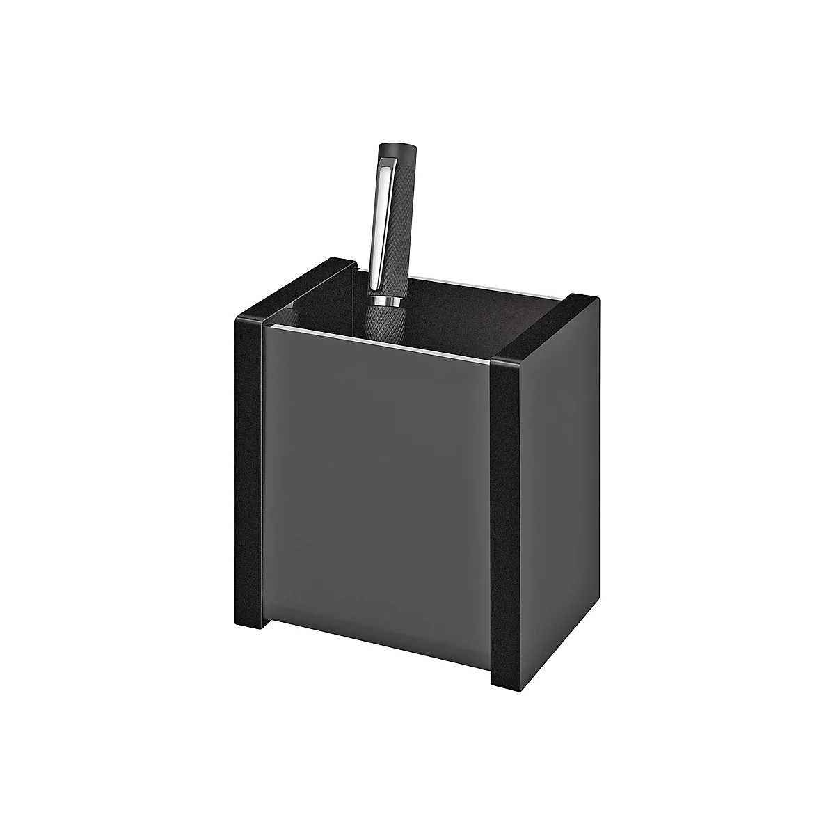 Black pen holder with a silver pen partially inserted. The holder has dark, rough accents.