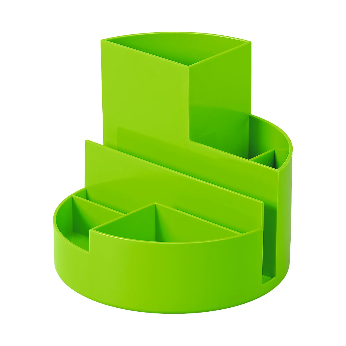 A green desk organizer with various compartments for pens, notes and more.