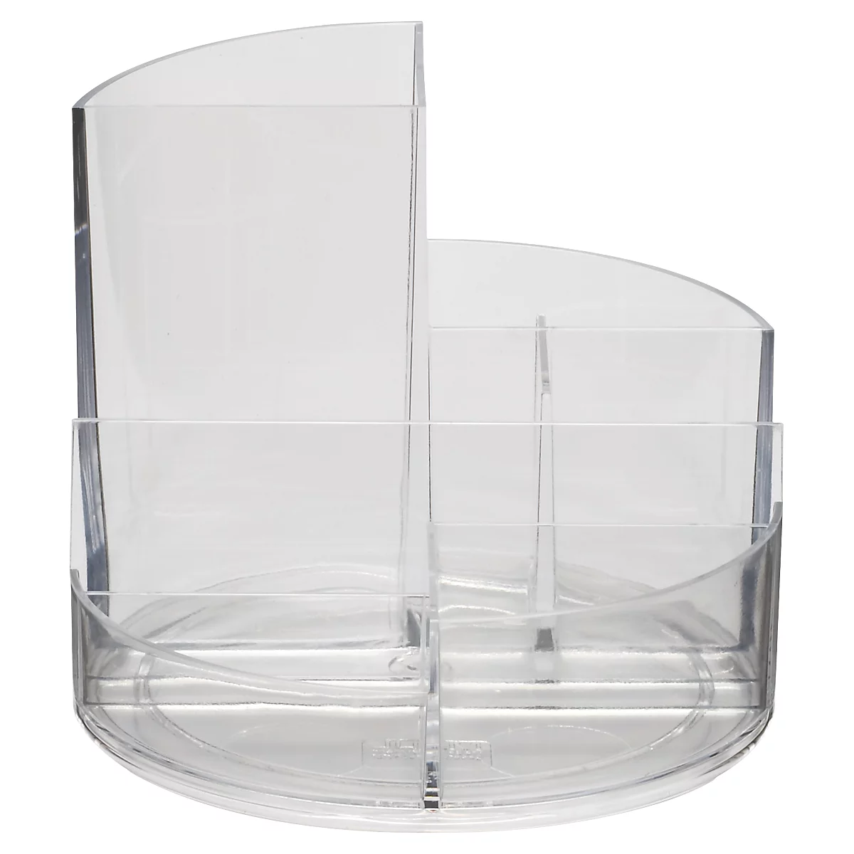 Transparent pen holder with multiple compartments for desk supplies.