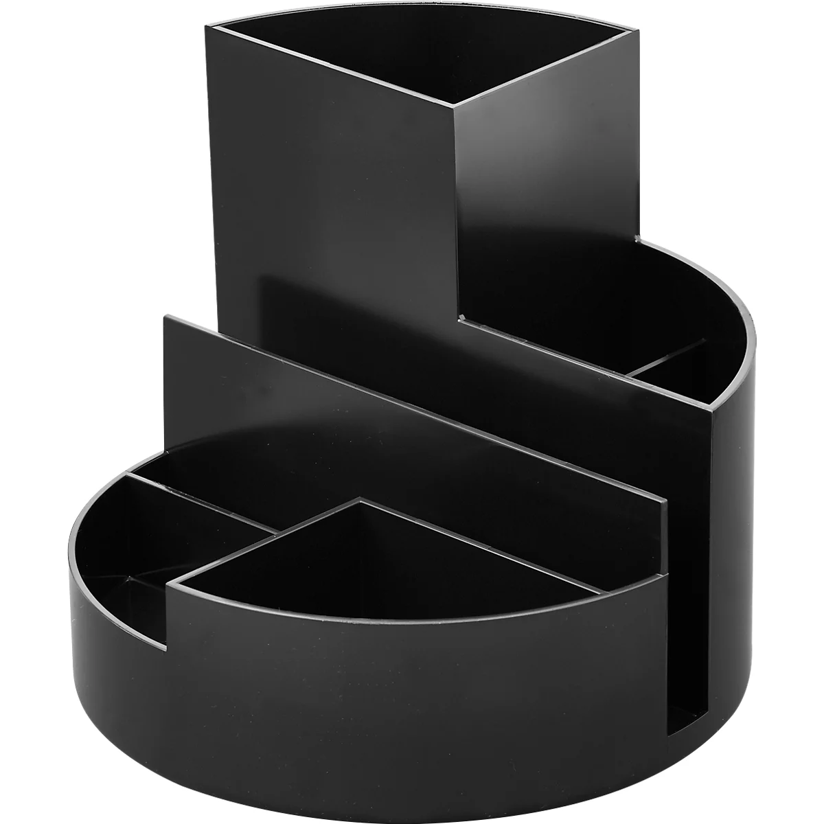 Black desk organizer with multiple compartments and a tall rectangular storage.