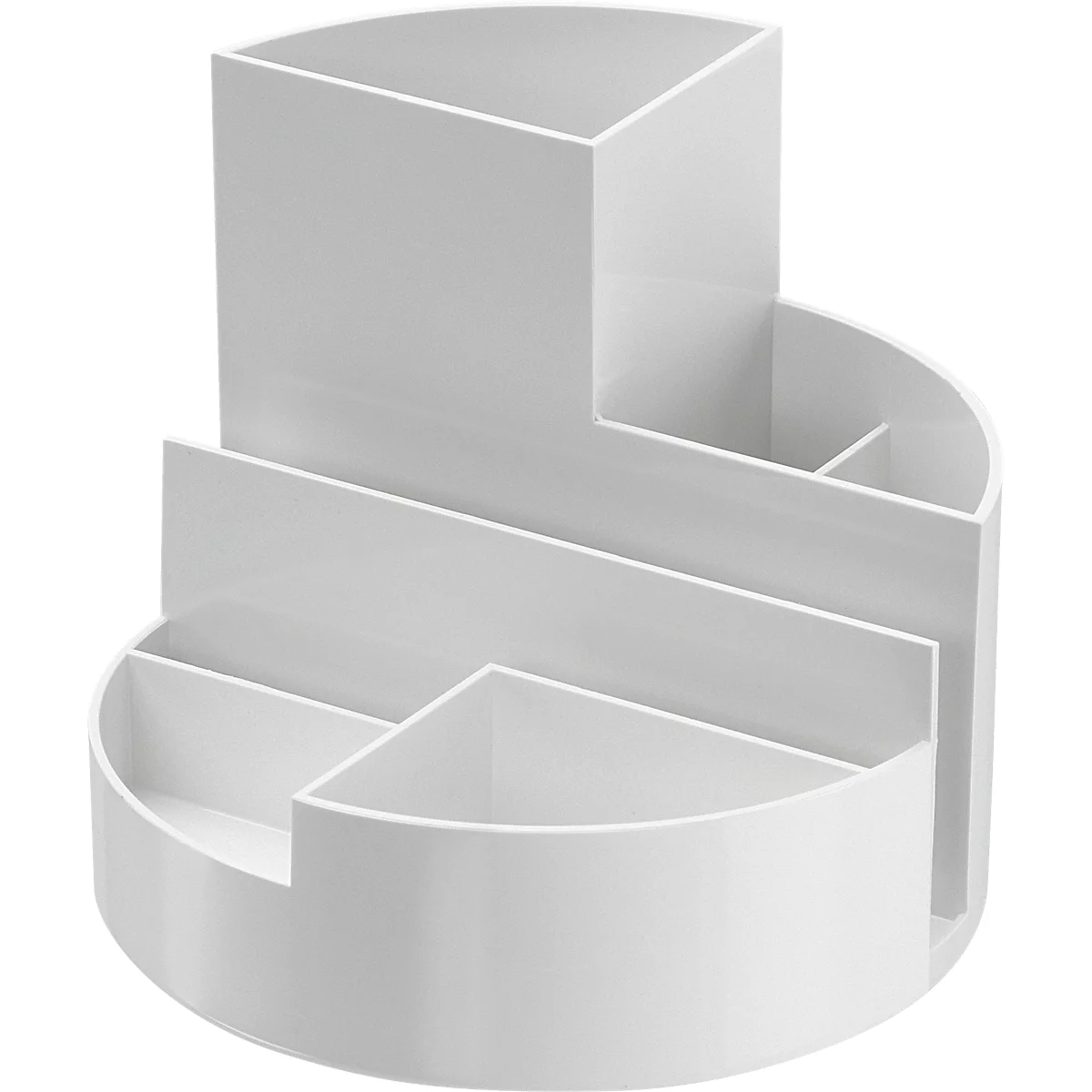 White, semi-circular pen holder with various compartments.