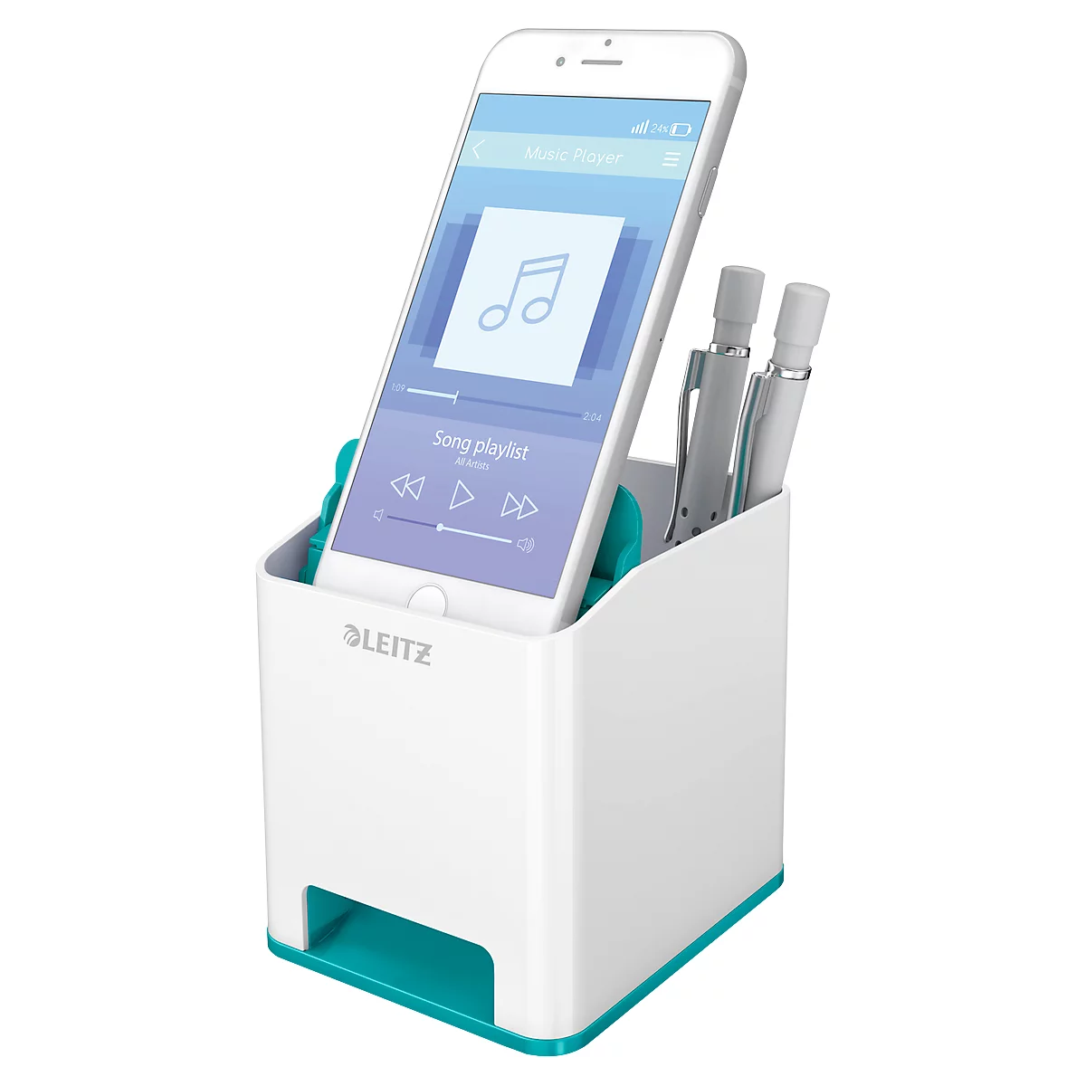 Penhouder Leitz WOW Sound, 1 compartiment, Smartphone compartiment met geluidsversterking, wit/ijsblauw