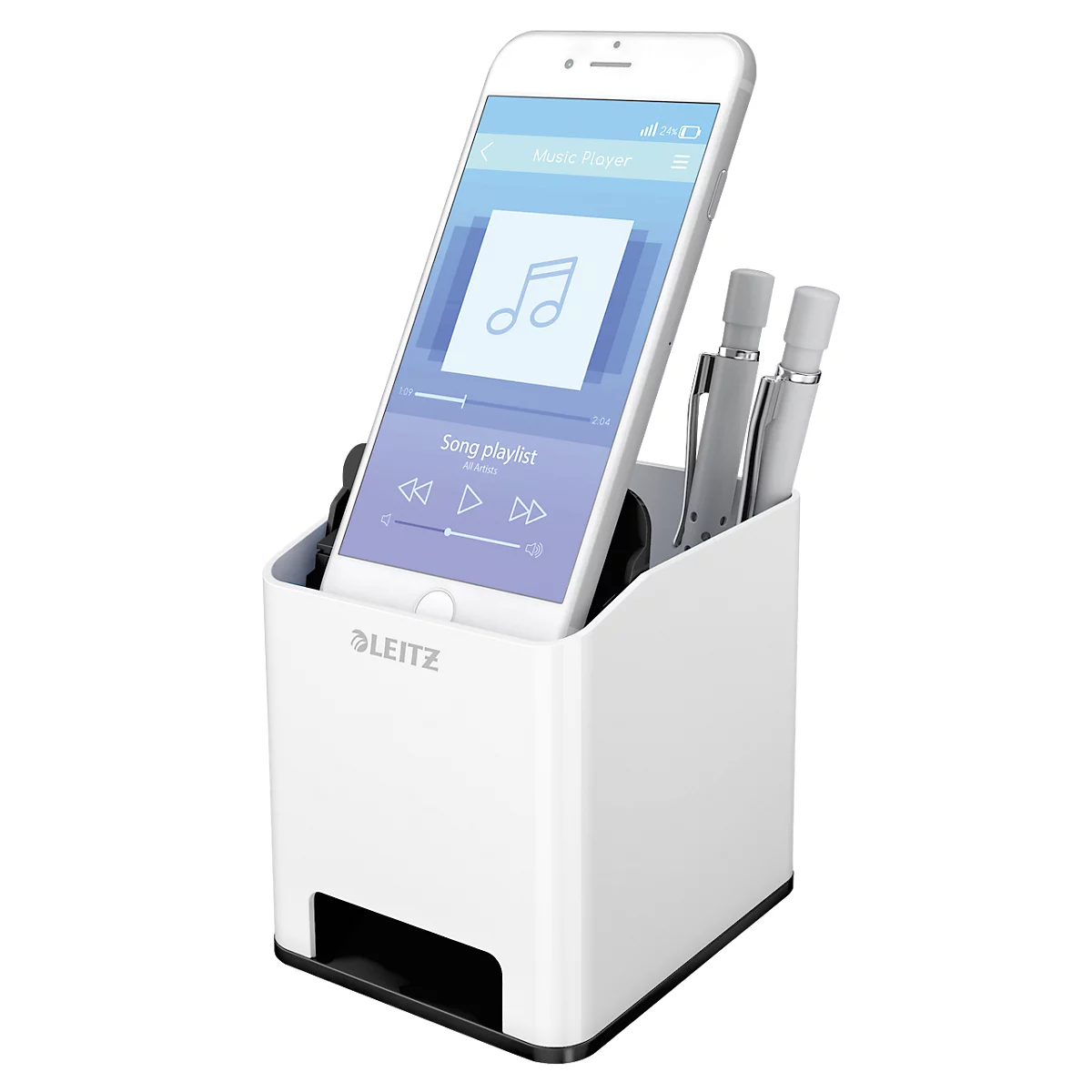 Penhouder Leitz WOW Sound, 1 compartiment, Smartphone compartiment met geluidsversterking, wit/zwart