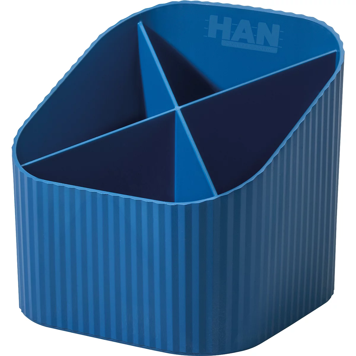 Pennenhouder HAN Karma, 4 vakken van verschillende hoogte, B 111 x H 105 x D 111 mm, gerecycleerde kunststof, blauw
