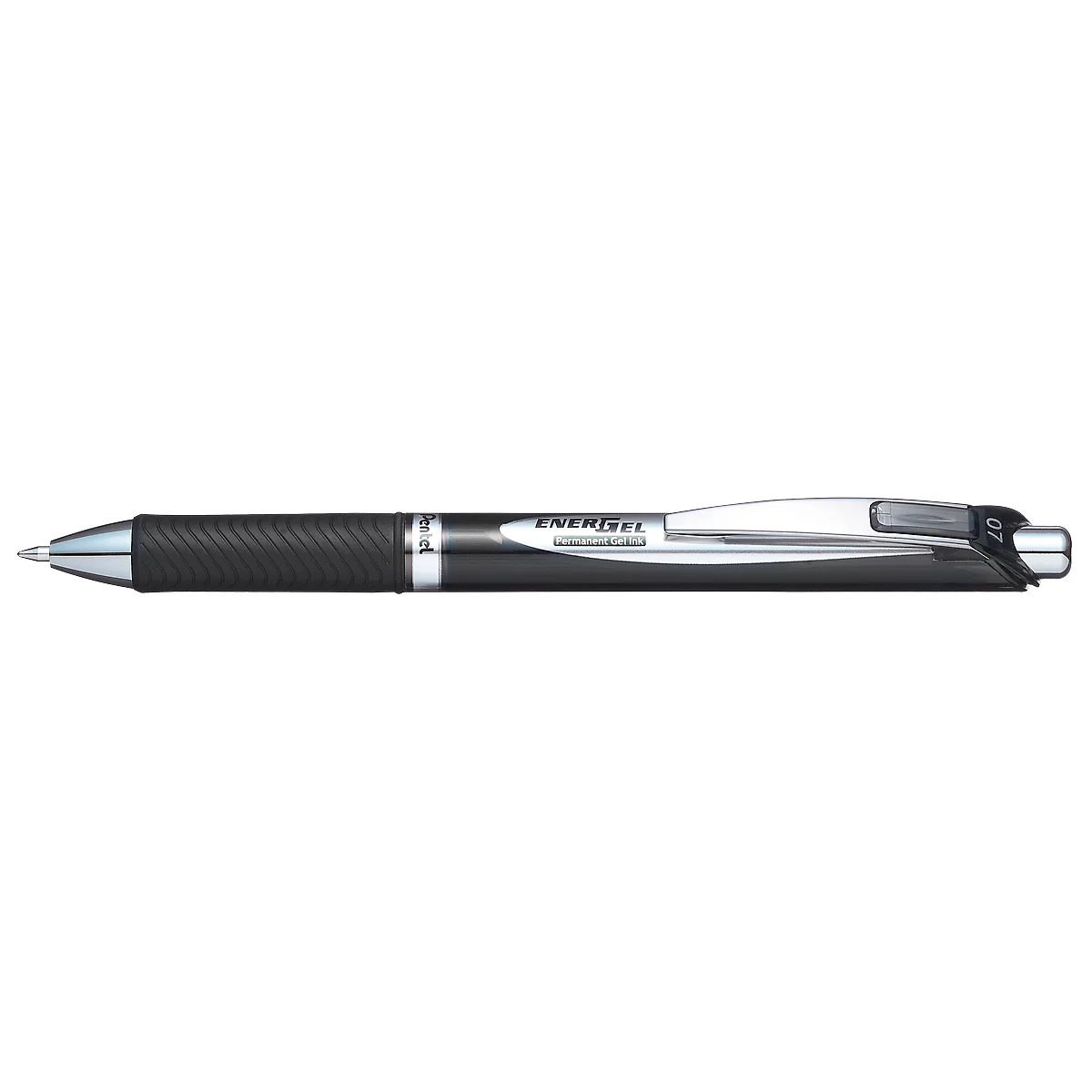 A pen with a black handle and silver tip lies on a white background.