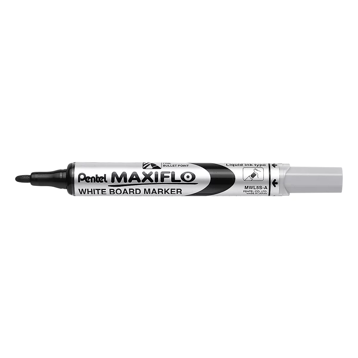 Close-up of a white whiteboard marker. The pen has a black nib and a black pen base. The pen reads Pentel MAXIFLO.