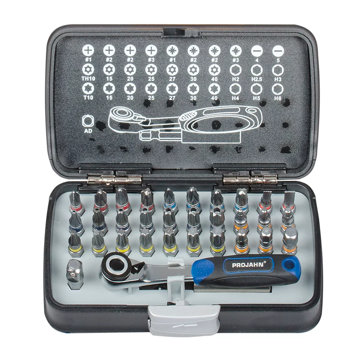 Boîte à outils noire avec embouts, cliquet et inscription PROJAHN.