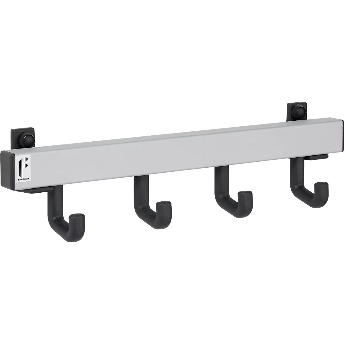 Barra de ganchos de pared con cuatro ganchos negros y un soporte plateado; logo a la izquierda.