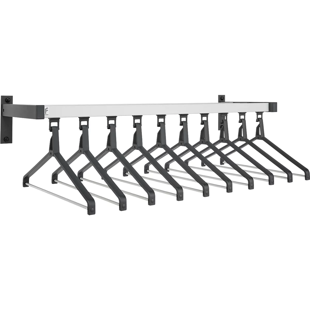 Perchero de pared con perchas grises; soporte fijado a la pared. Ropa colgada, una solución práctica para guardar la ropa.