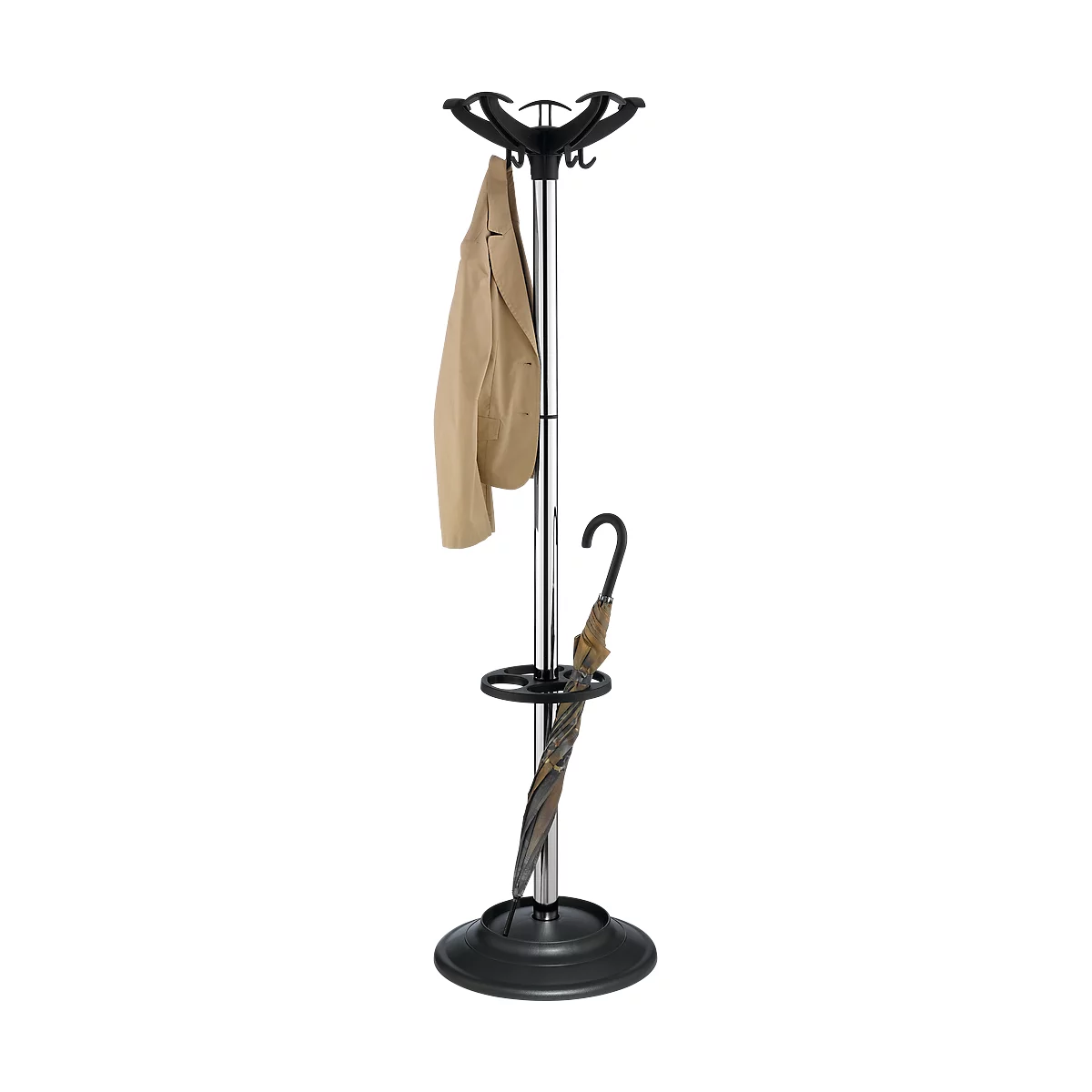 Perchero de pie Helix, 10 ganchos, paragüero y recogegotas, Al 1640 x ø 400 mm, metal, cromo plata-negro