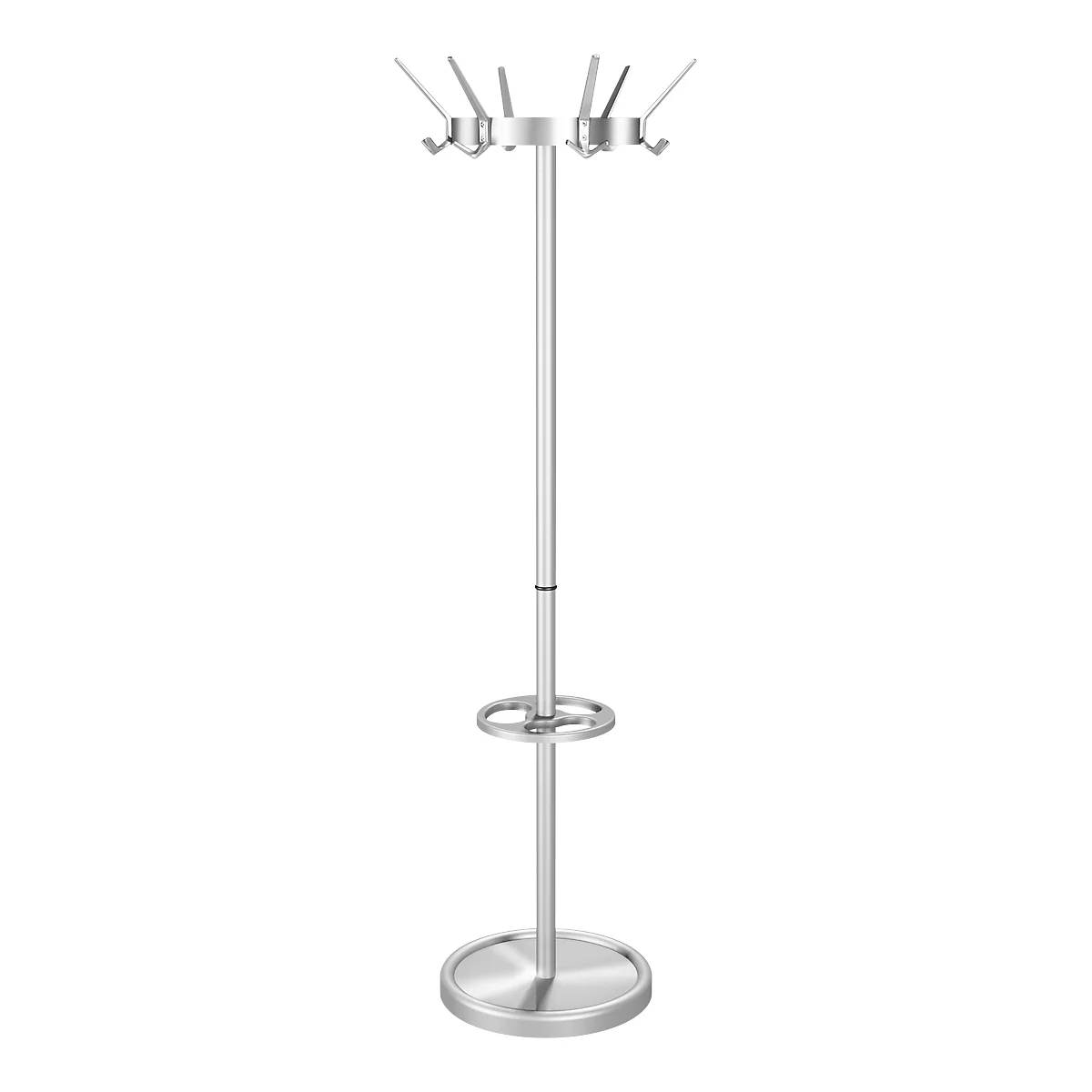 Perchero Kerkmann Public, 18 ganchos, paragüero, corona giratoria, Al 1760 x Ø 500 mm, acero, aluminio plata