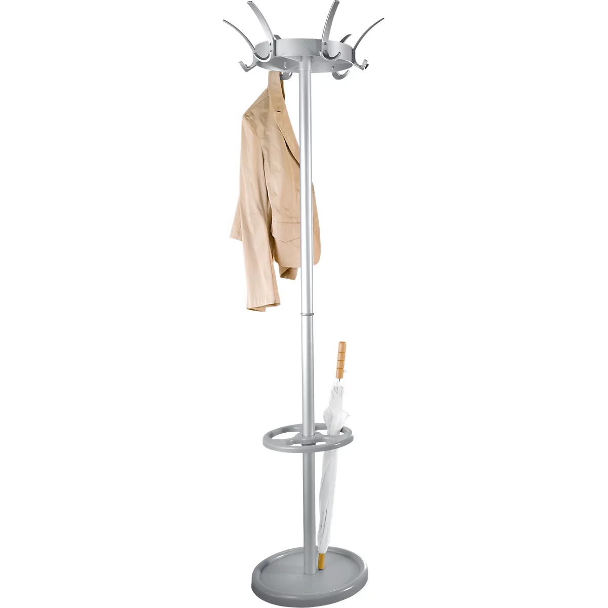 Perchero Kerkmann Public, 18 ganchos, paragüero, corona giratoria, Al 1760 x Ø 500 mm, acero, aluminio plata