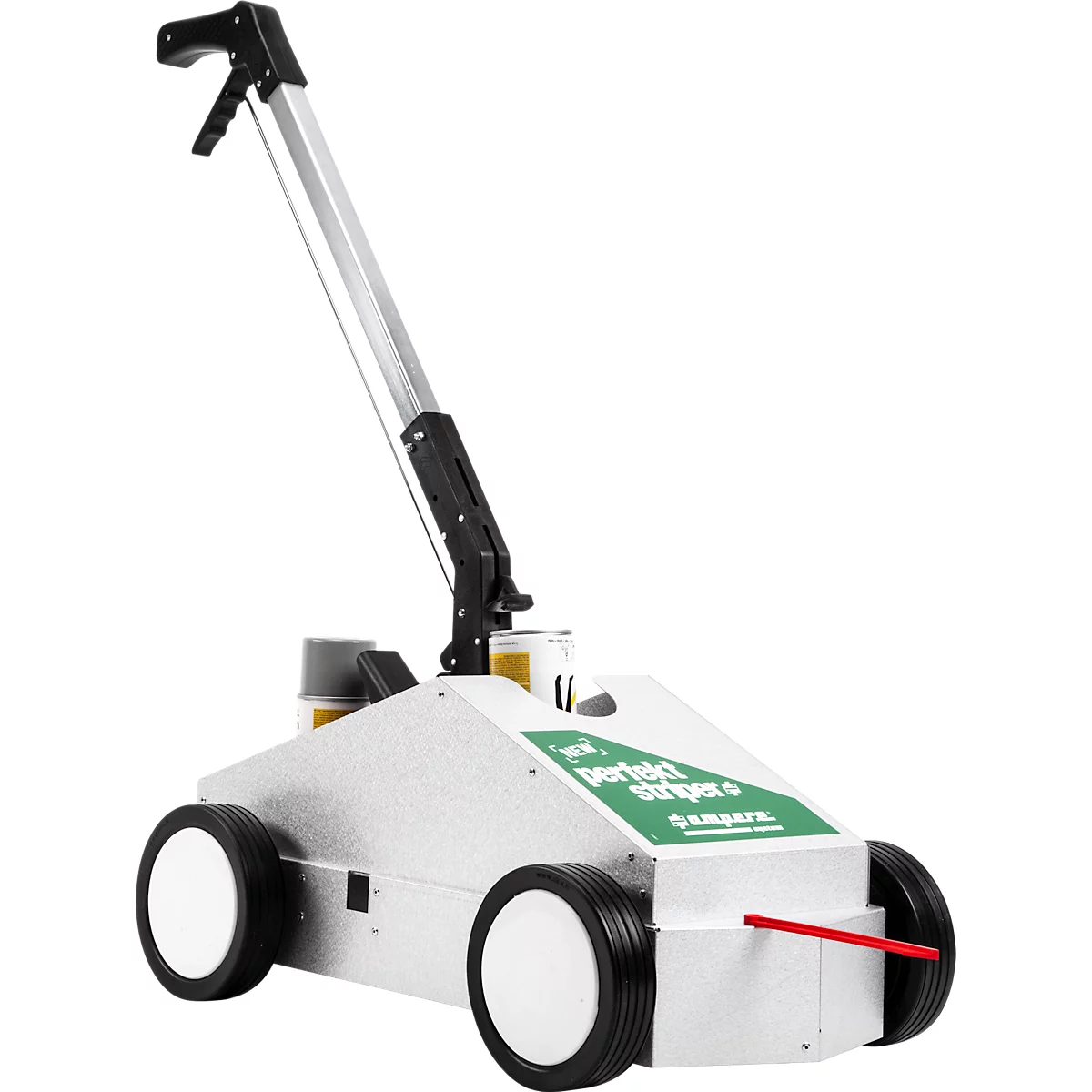 Een witte Perfect Striper S, een apparaat voor het markeren van lijnen, met wielen, handvat en container. De tekst luidt "perfect striper s".