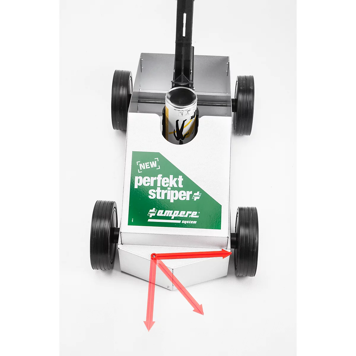 Bovenaanzicht van een wit apparaat met wielen, de "perfekt striper". Rode pijlen geven richtingen aan.