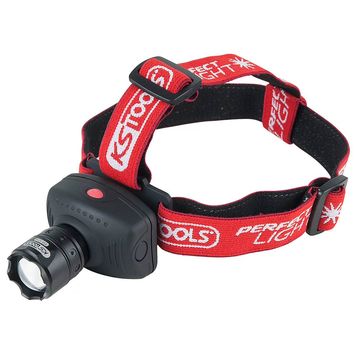 Eine schwarze Stirnlampe mit rotem Kopfband, Aufschrift "KSTOOLS PERFECT LIGHT".