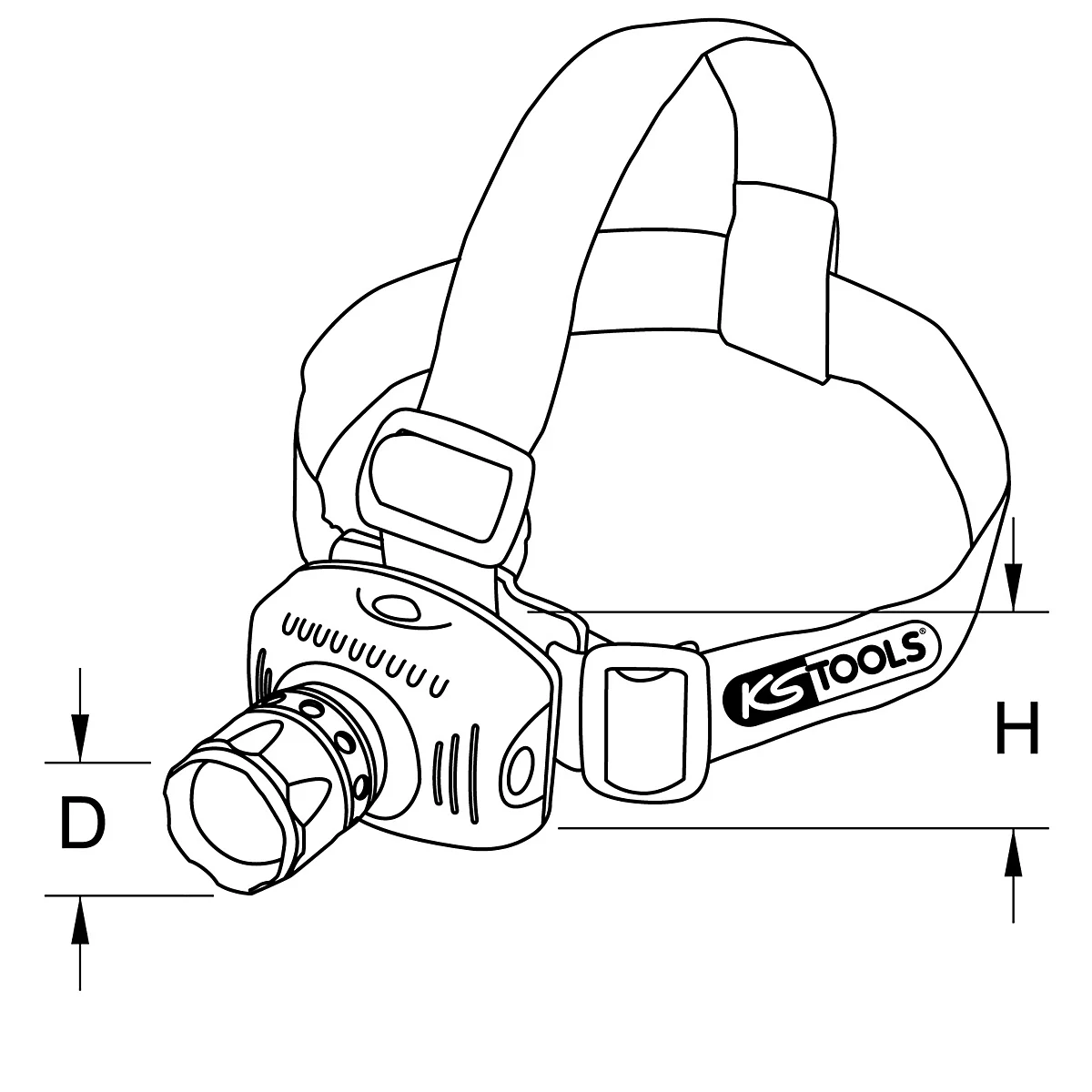Schwarz-weiß gezeichnete Stirnlampe mit Kopfband und KS TOOLS Logo.