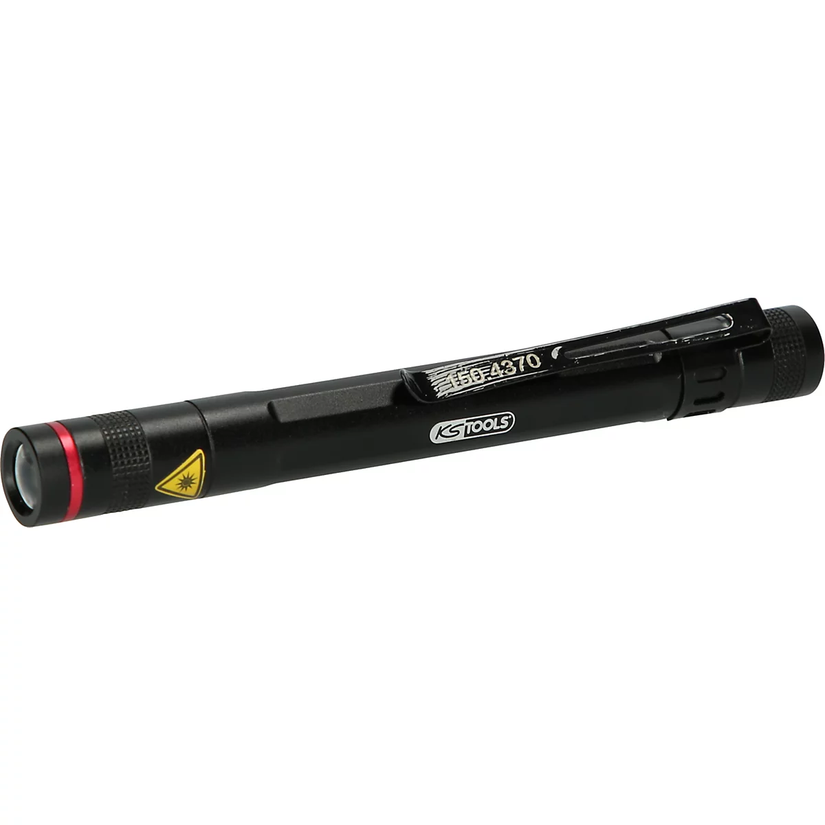 Schwarzer Laserpointer mit rotem Ring, gelbem Laser-Symbol und Aufschrift. KS TOOLS, Artikelnummer 150.4370