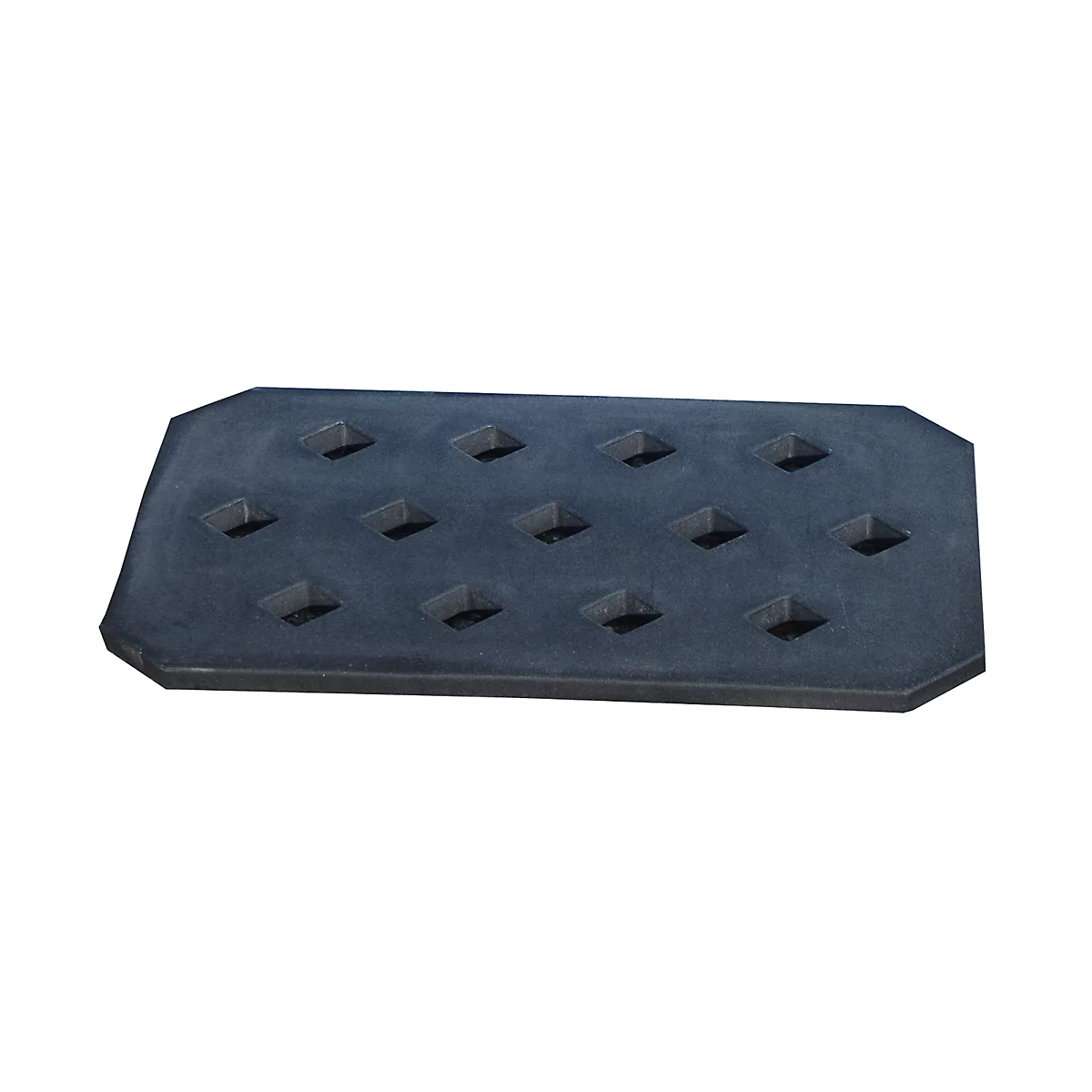 Dark gray rectangular mat with square, recessed cutouts, on a white background.