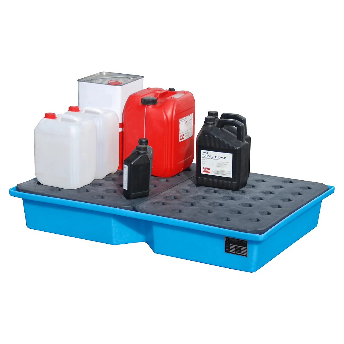 Blue plastic basin with various canisters and containers. Black mat on the basin.