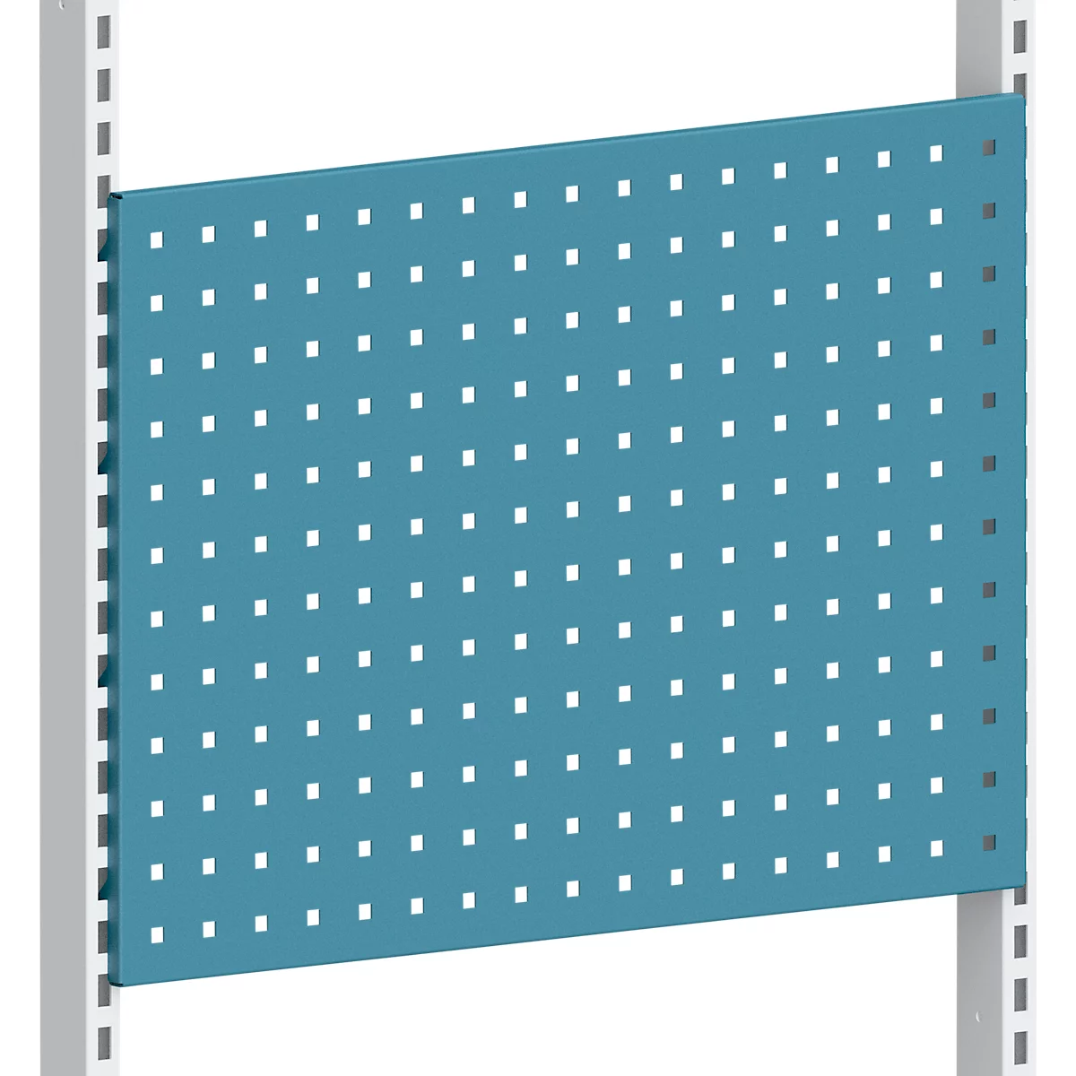 Blue perforated sheet in front of gray frame. Square holes line up on the plate.