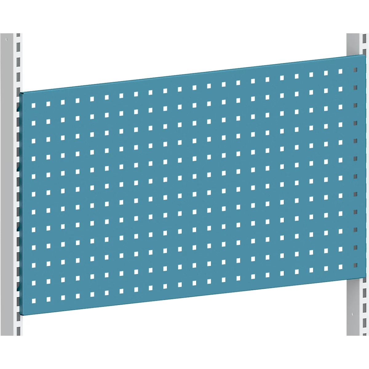 Blue perforated panel attached to a gray mounting. Numerous square holes dot the surface.