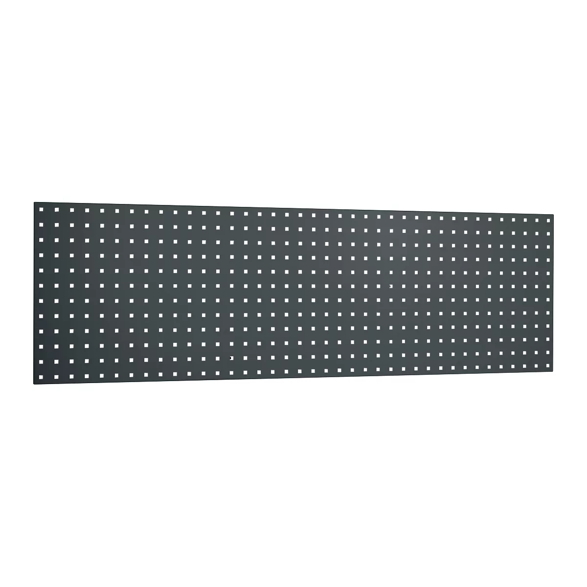 Dark grey metal plate with evenly spaced square holes.