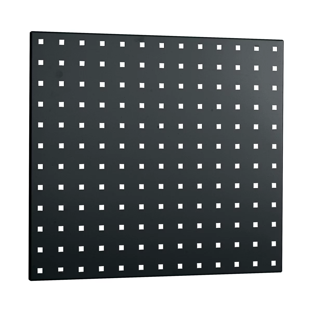 Square, black metal plate with evenly spaced, square cutouts. On a white background.