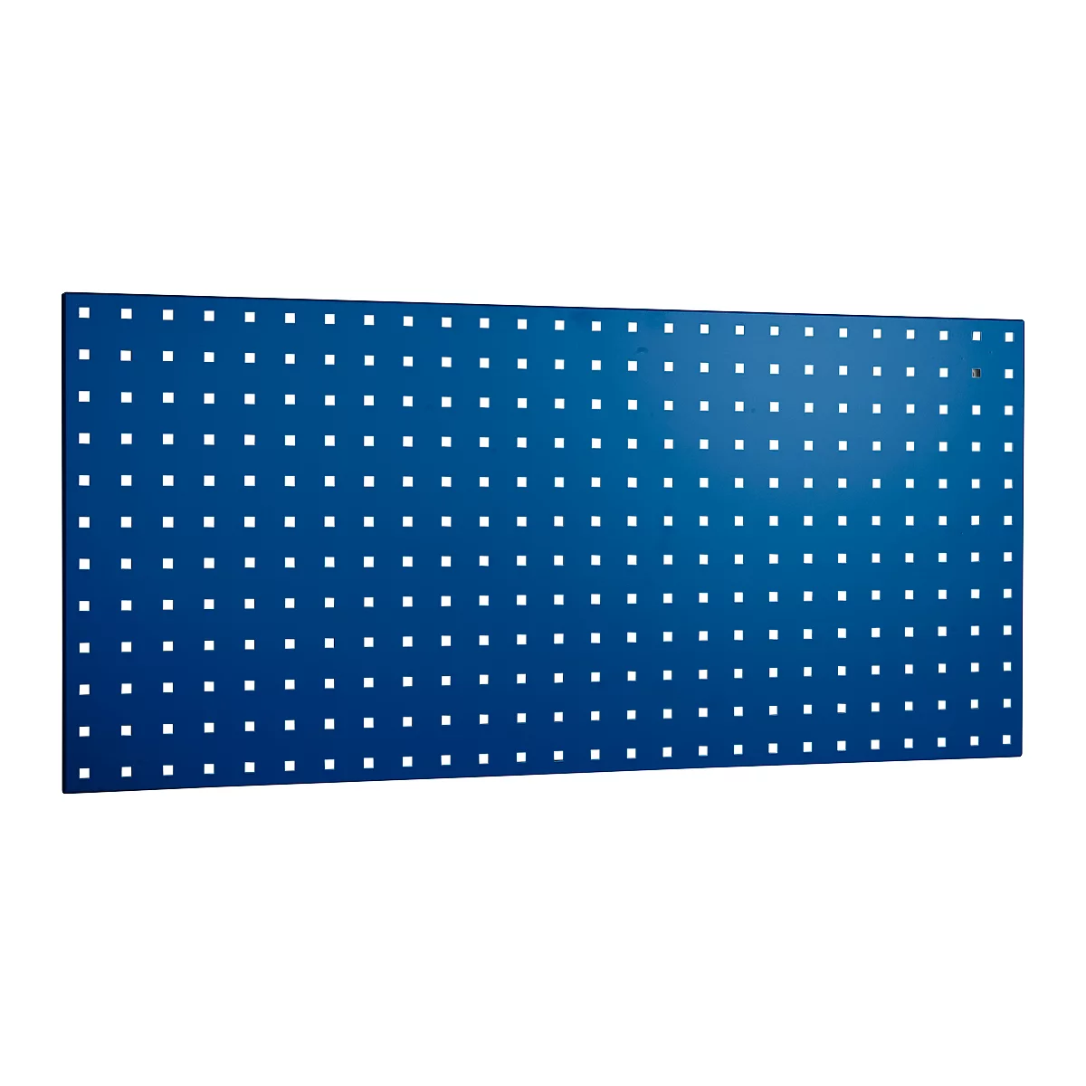 Blue pegboard with square holes. It is rectangular and displayed against a bright background.