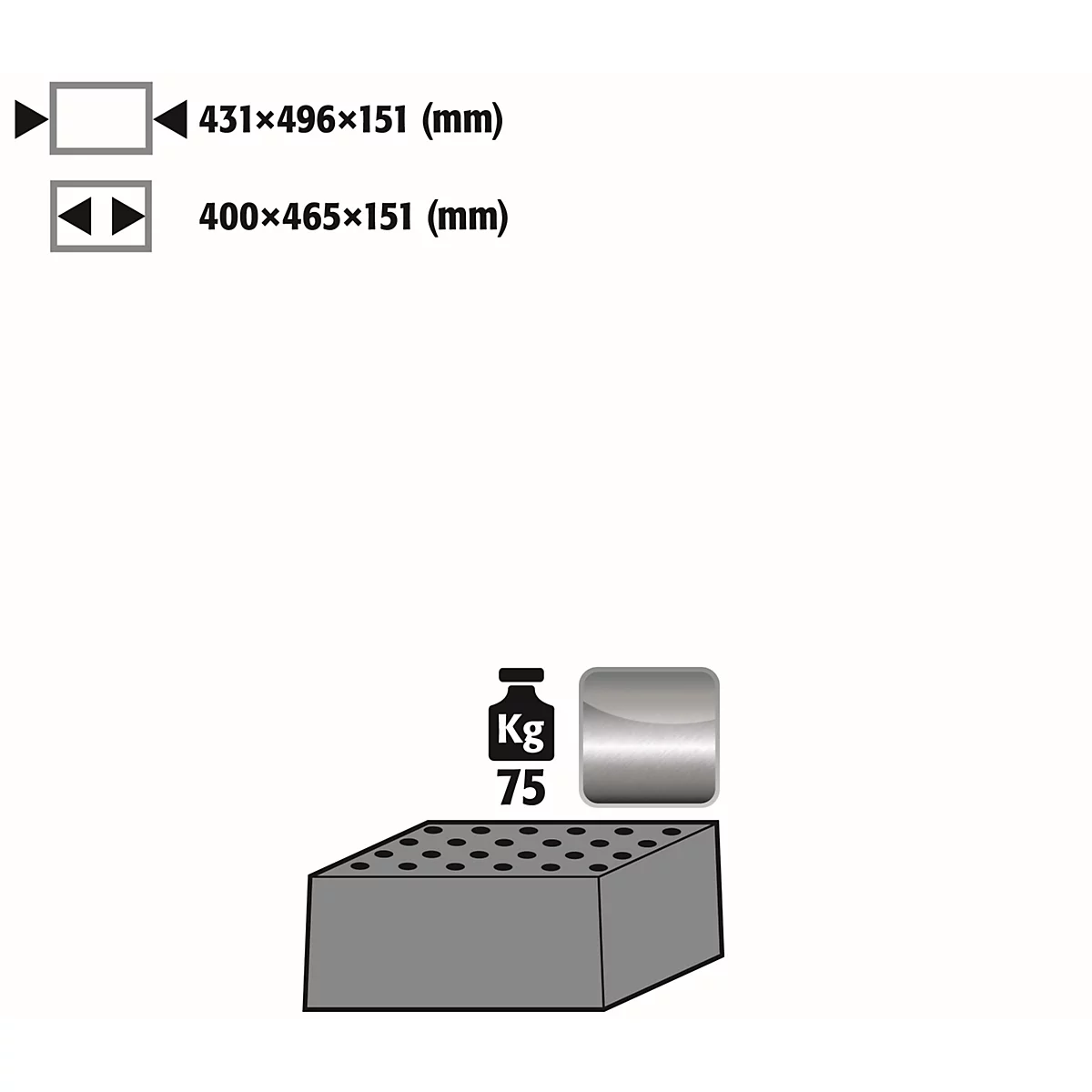 Gray schematic representation of a product with dimensions, weight display and a tabular representation.