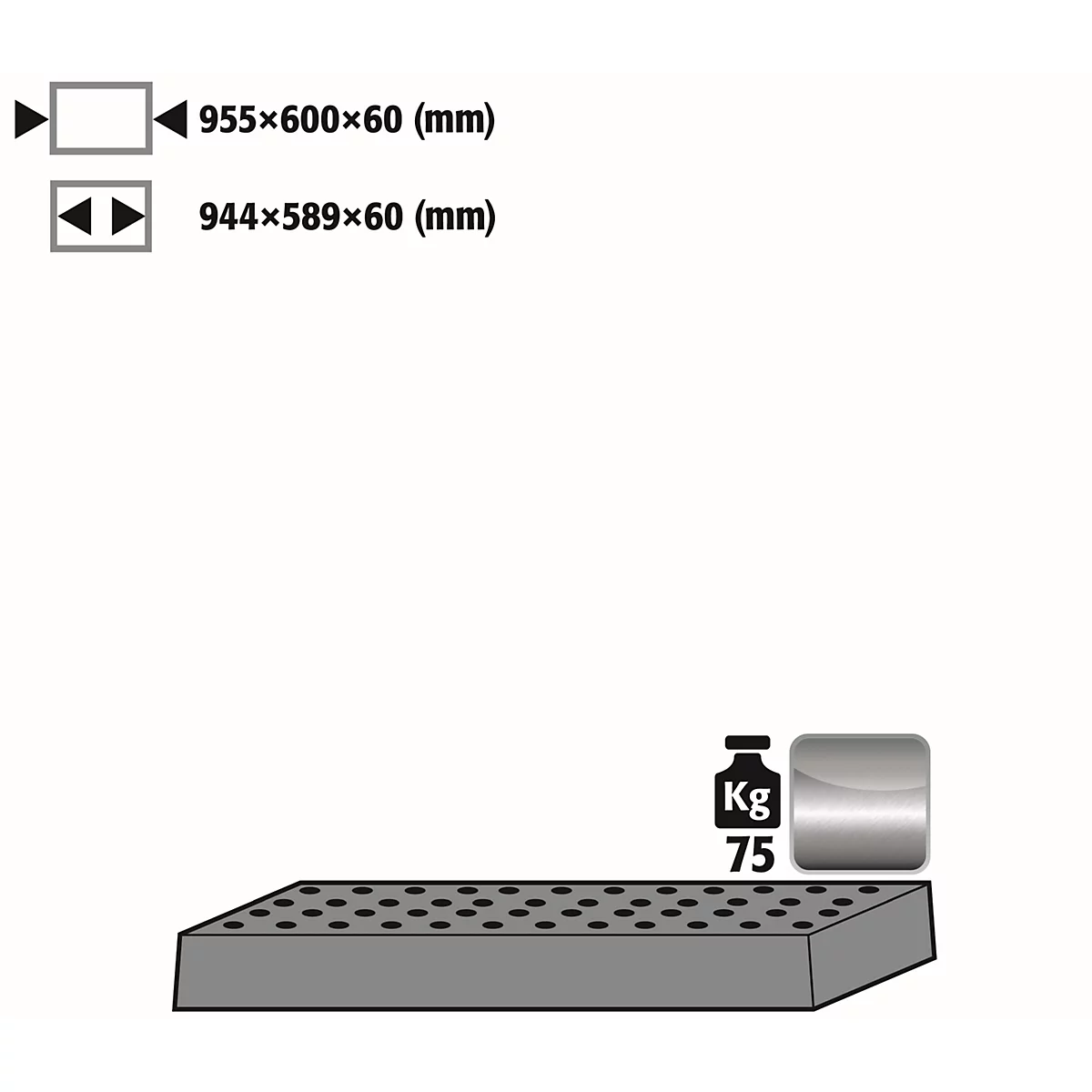 Grey plate with holes, next to it a cube with the indication 75 Kg and size details.