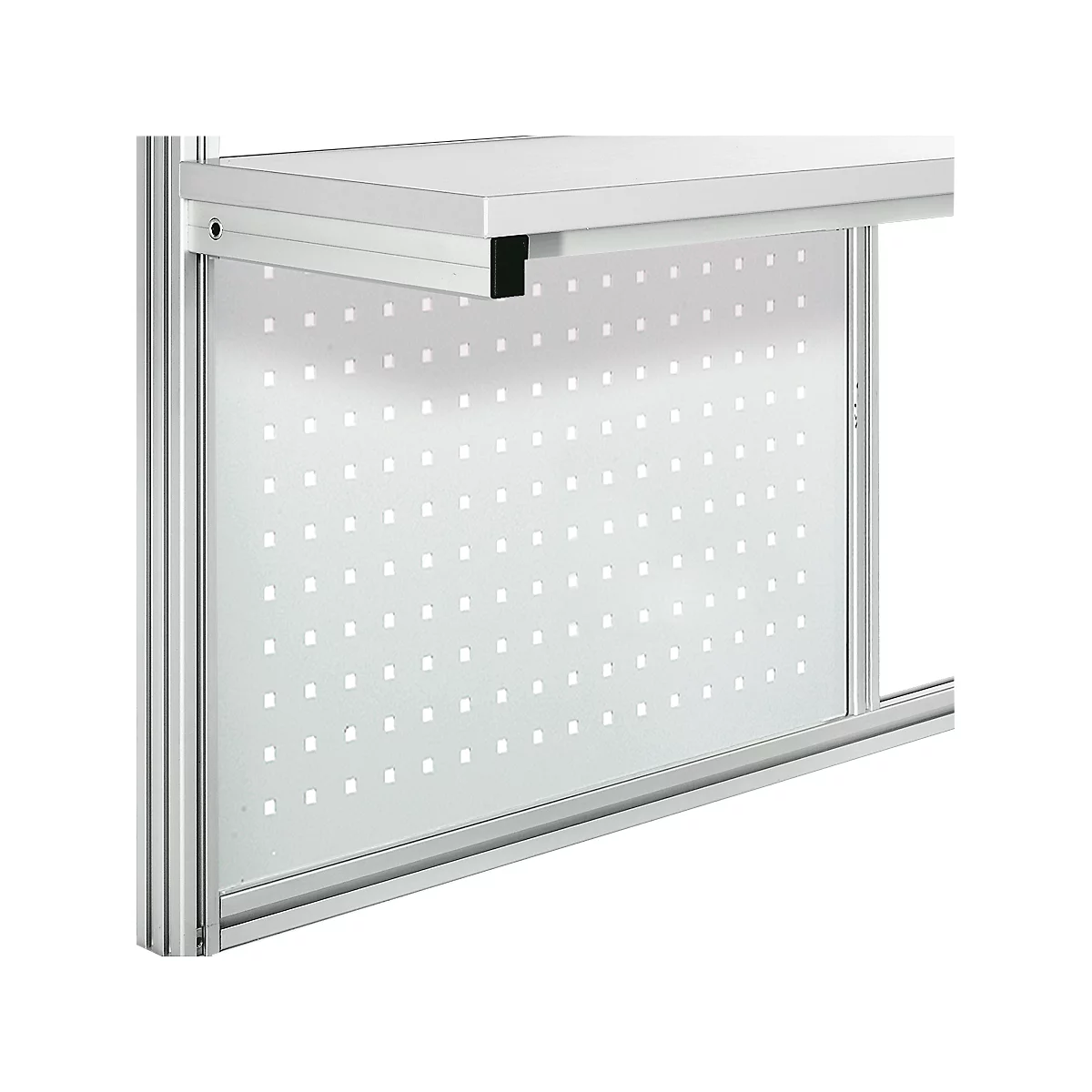 White perforated board in front of a white table, attached to a silver frame.