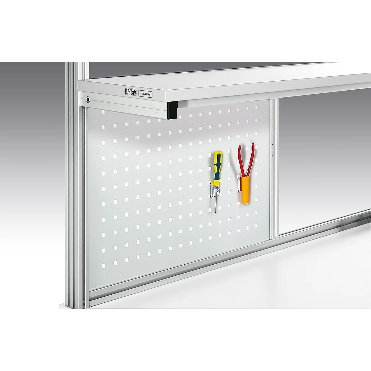 Workbench with pegboard, tools and shelf.