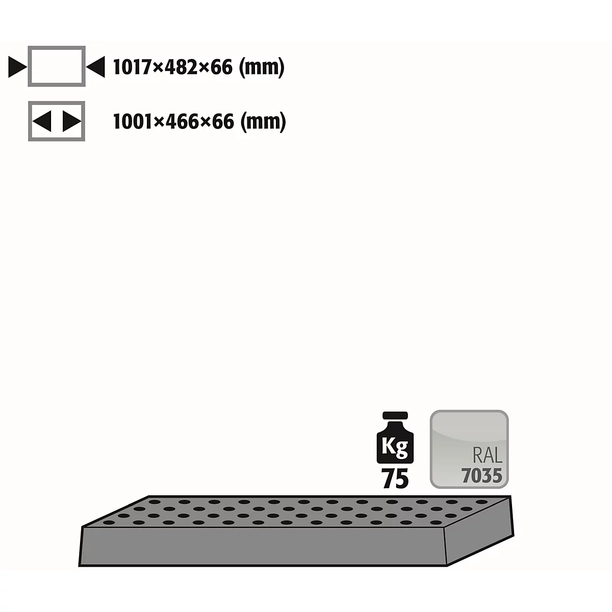 Gray platform with holes, weight indication 75 kg, color code RAL 7035 and dimensions.