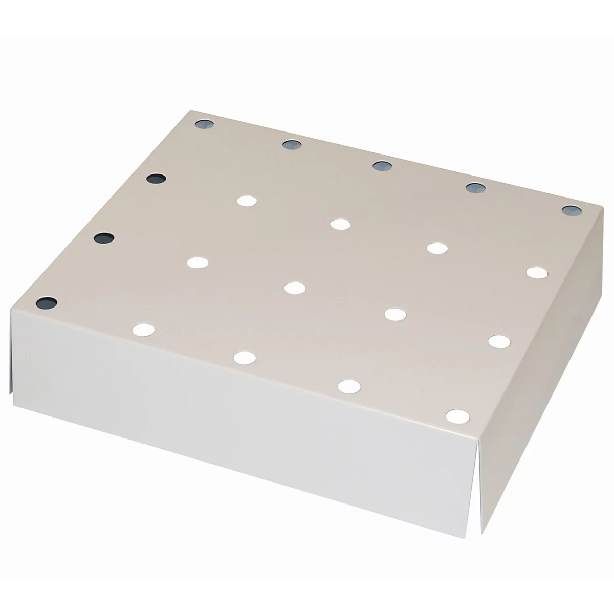 Light grey metal box with holes and black rubber buffers. Rectangular shape, slightly angled.