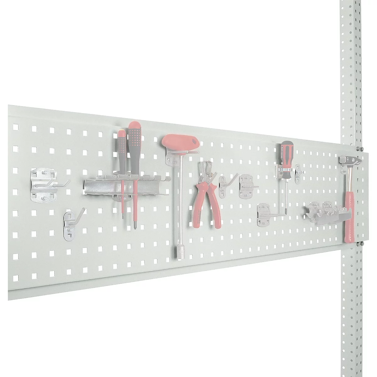 Tools on a pegboard, white, pink and silver. Tools are mounted on the board and include screwdrivers and pliers.