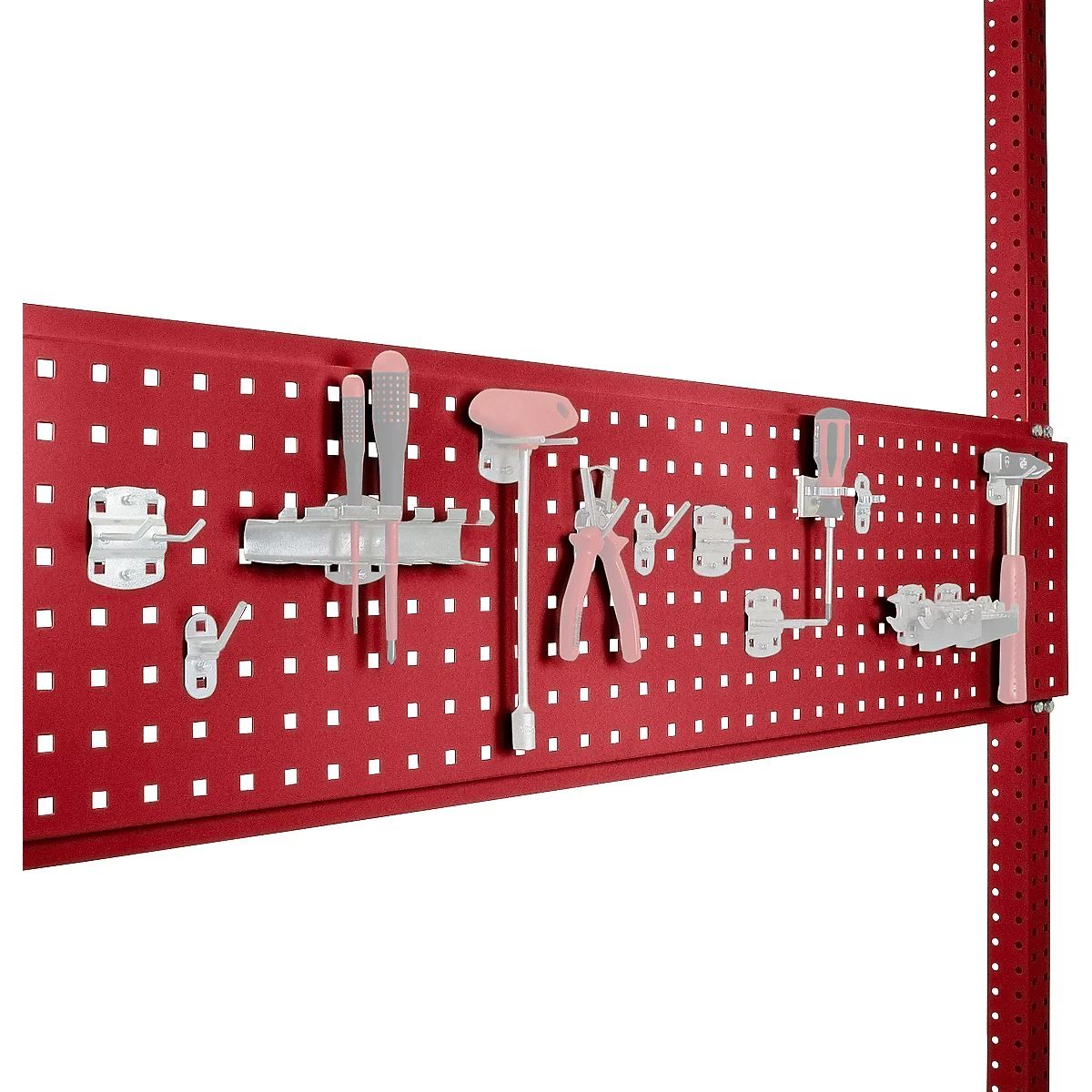 Red pegboard with tools: pliers, screwdrivers, hooks. White background.