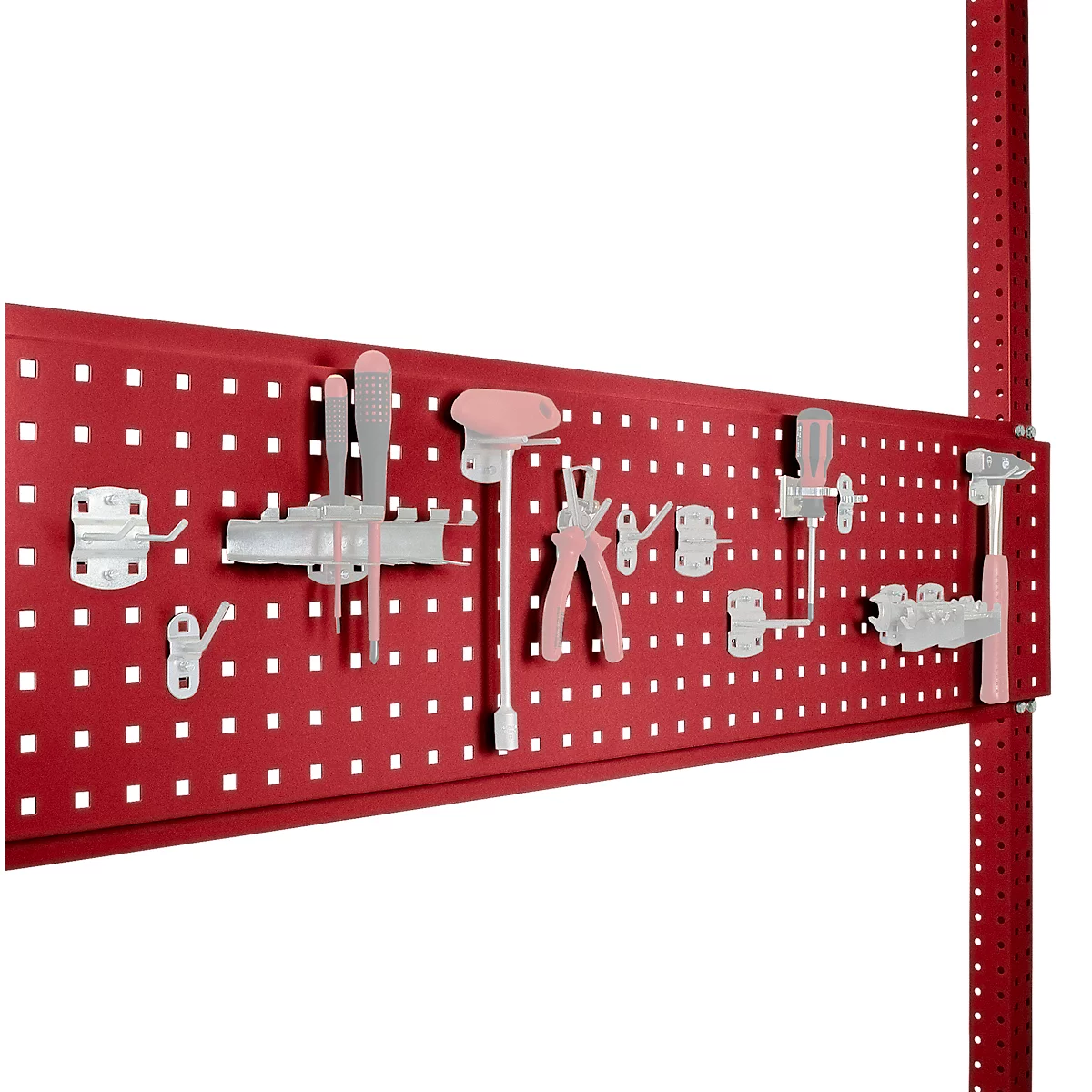 Red pegboard with tools and holders, such as hooks, clamps, pliers, and wrenches.