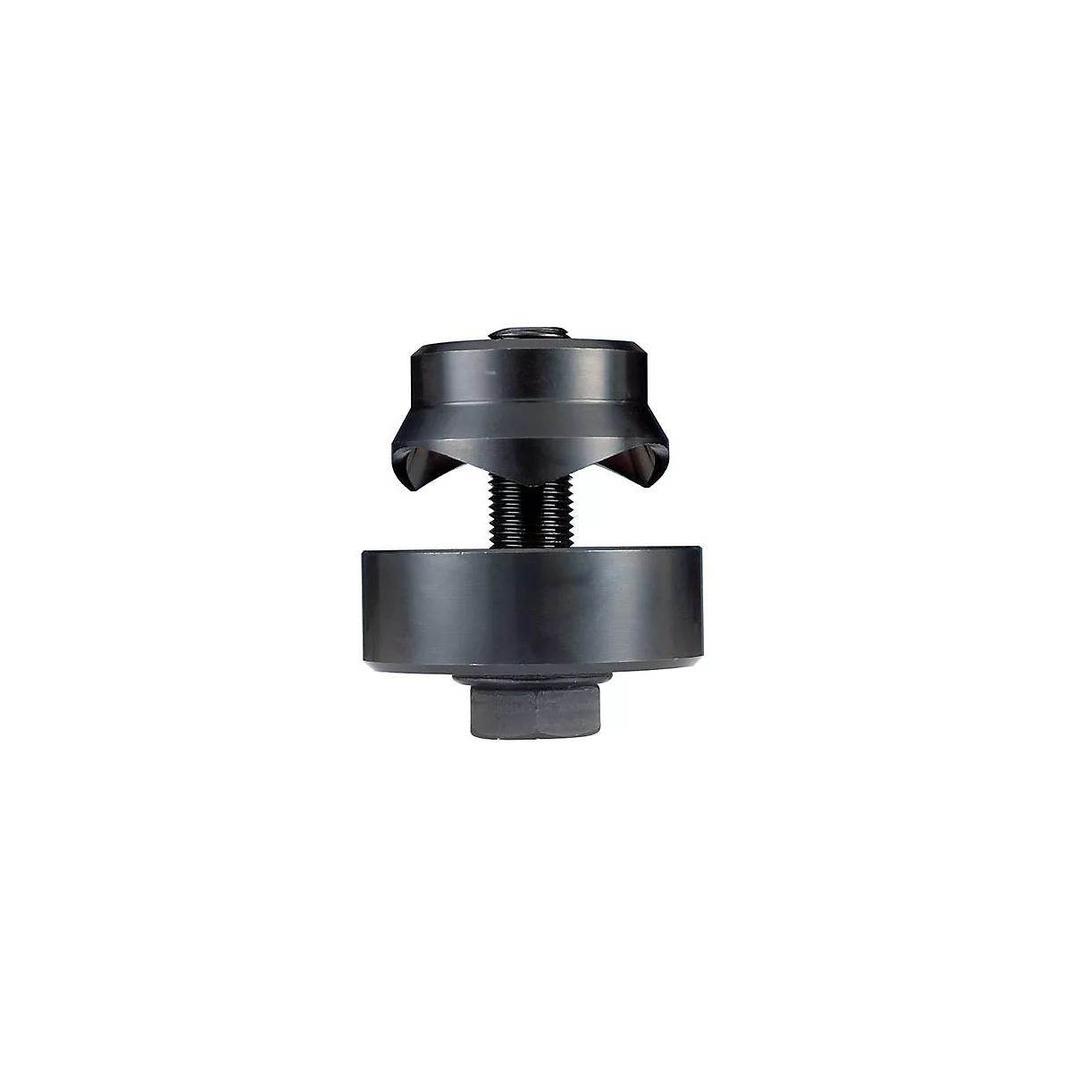 Black tool with threaded screw and nut. Top part conical, bottom part cylindrical.