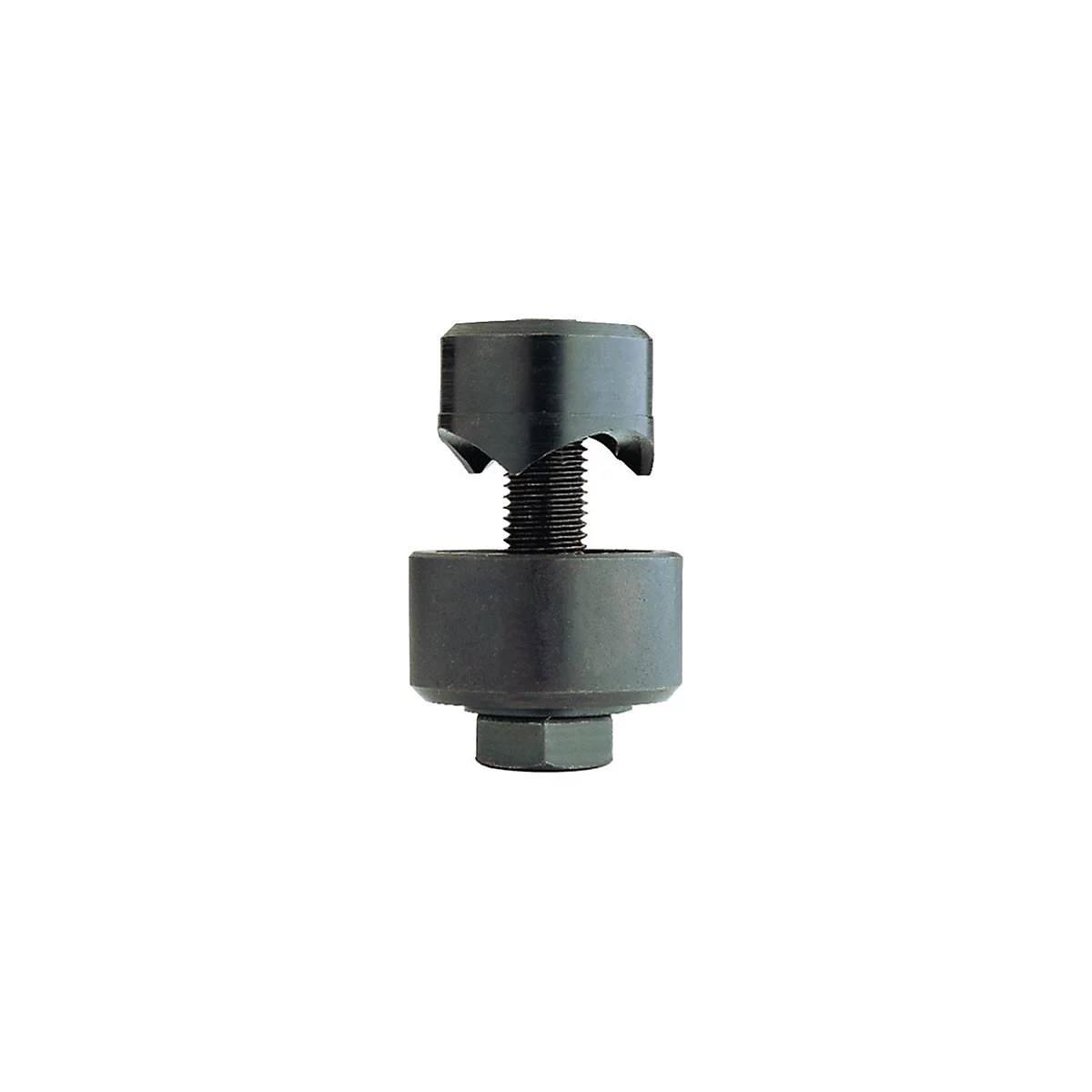 Black tool composed of several parts, featuring a threaded component and a hexagonal nut.