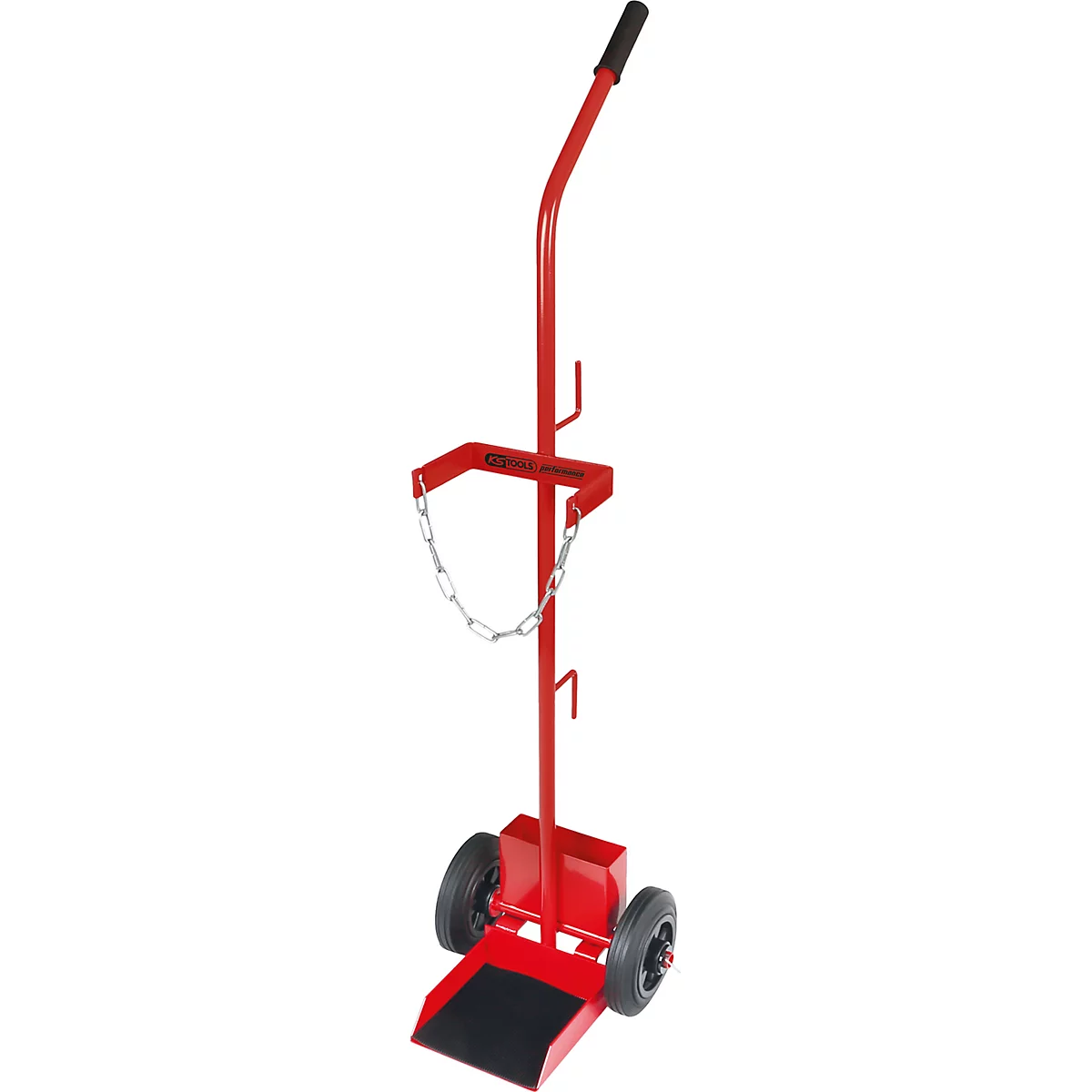 Roter Transportwagen für Gasflaschen mit zwei Rädern, Kette und Griff.