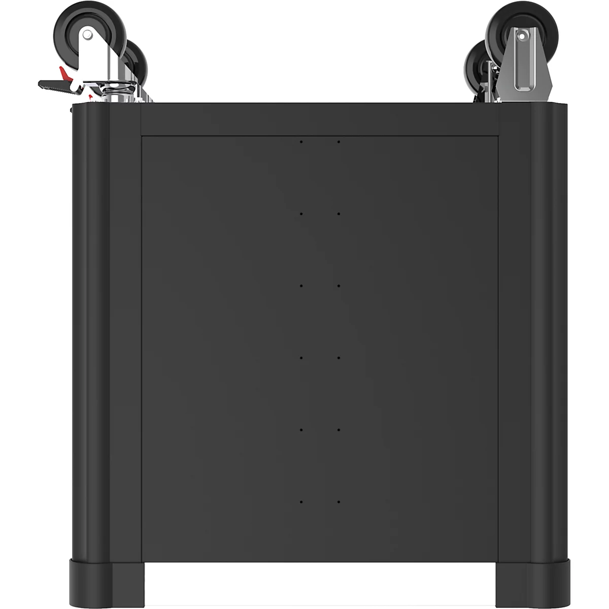 Schwarzer Schrank mit Rollen. Oben befinden sich Rollen, das Gehäuse ist rechteckig und hat Vertiefungen.