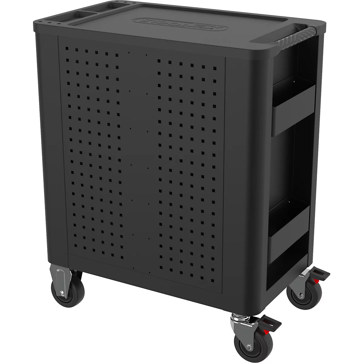 Schwarzer Wagen mit Rollen, Perforationen und seitlichen Ablagefächern.