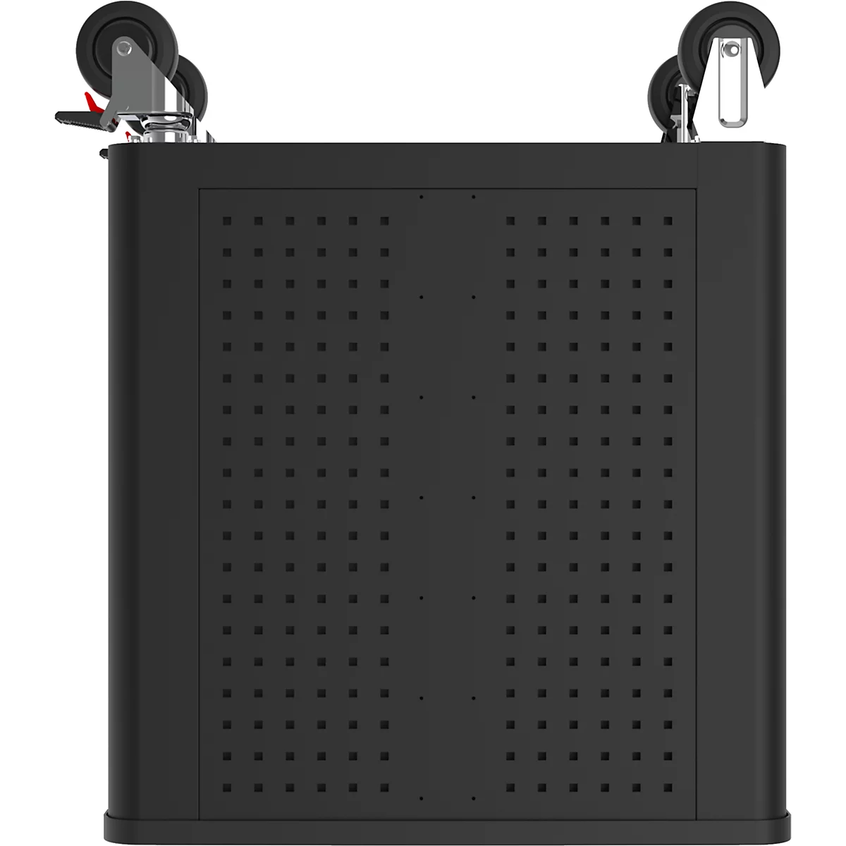 Schwarzer, quaderförmiger Gegenstand mit Rollen an der Oberseite. Die Oberfläche ist mit quadratischen Löchern versehen.