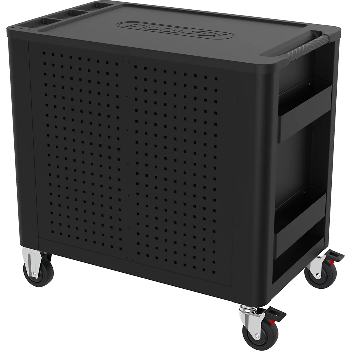 Schwarzer Werkzeugwagen auf Rädern mit Lochmuster und Ablageflächen.