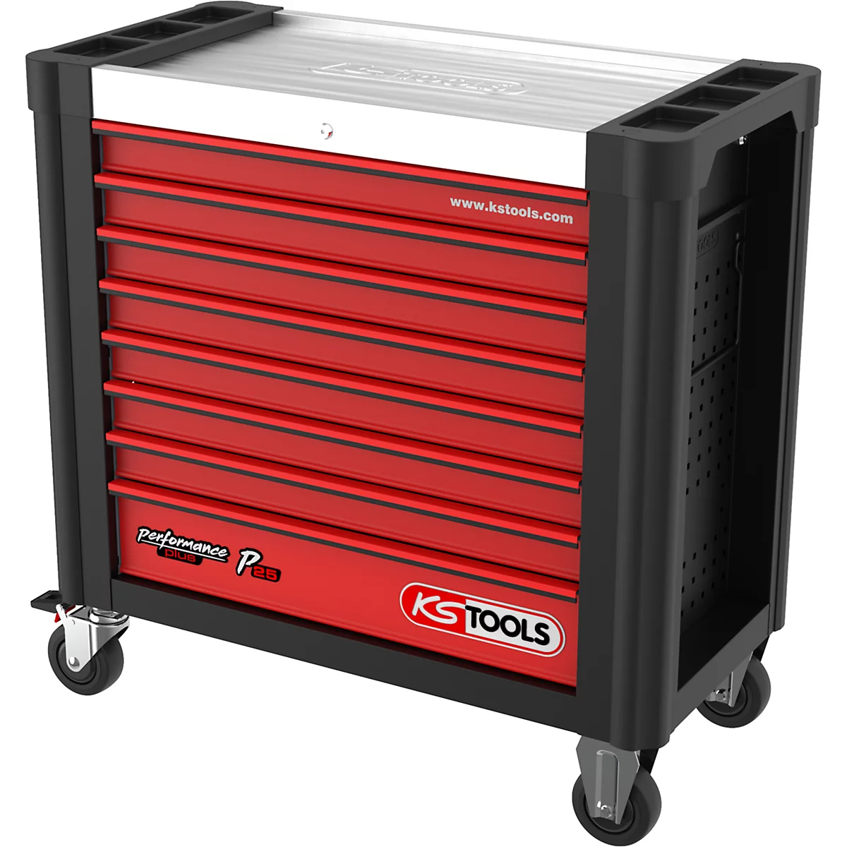 Roter Werkzeugwagen mit Schubladen, KS TOOLS Logo, Rollen.