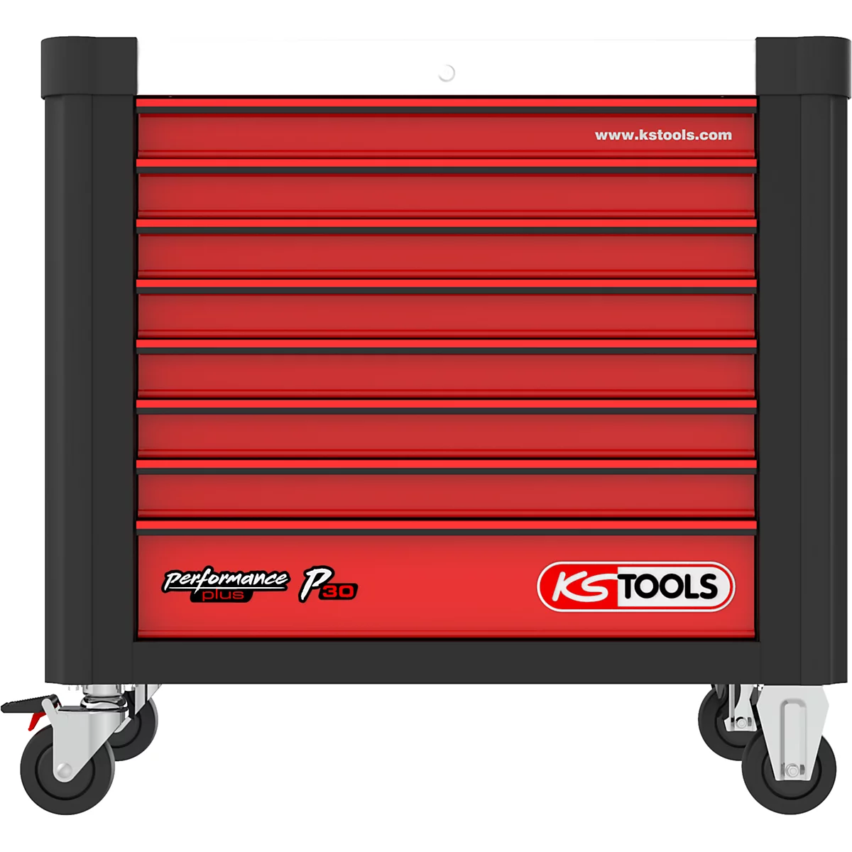Roter Werkzeugwagen mit Schubladen, Rollen und KS TOOLS Logo.